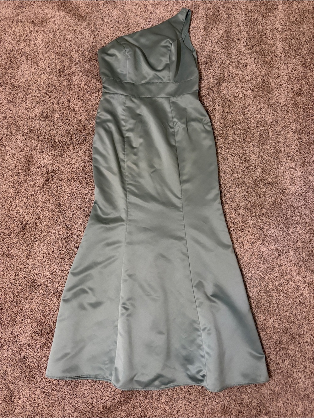 One-Shoulder Sage Green Satin Evening Dress